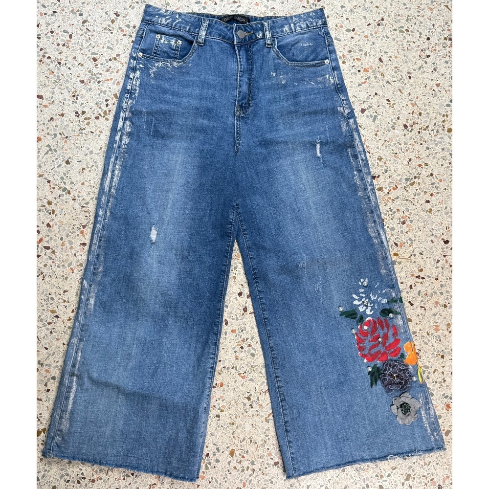 Gabby Isabella Women's Distressed Flower Painted Bedazzled Jeans Size 10‎
